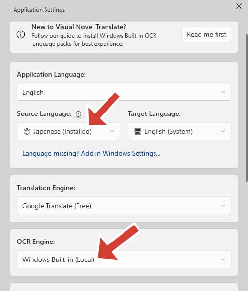 Application OCR Settings